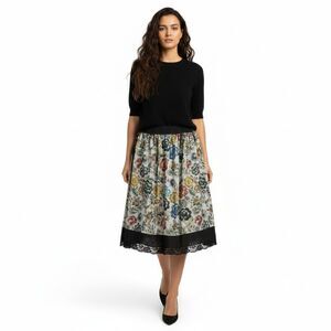 NEW ISLE by Melis Kozan Chiffon Floral Midi Skirt Women Large Lace Trim